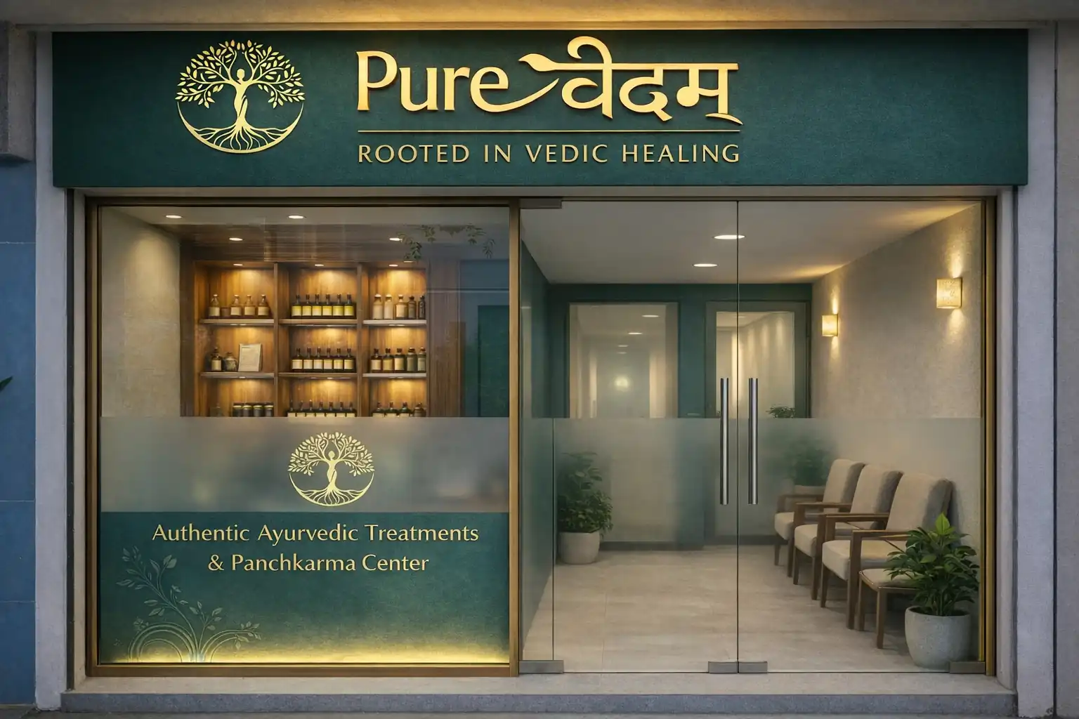 PureVedam Authentic Ayurvedic Treatments & Panchkarma Center Store Front Facade Layout Display